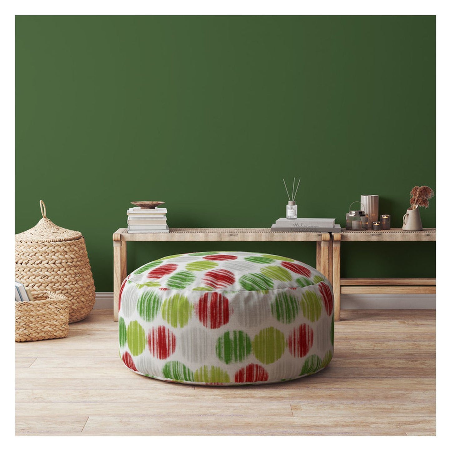 Indoor BERNARD Green Round Zipper Pouf - Stuffed - Extra Beads Included! - 24in dia x 20in tall