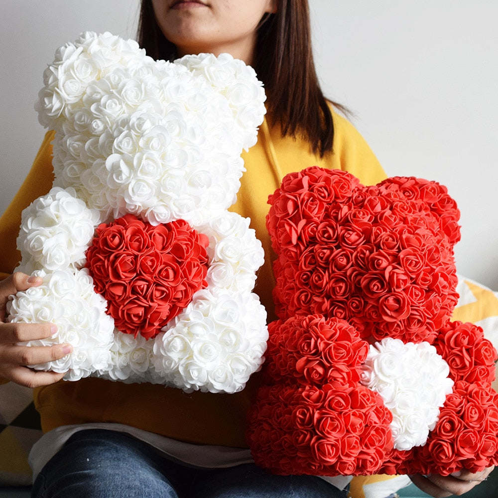 40cm Rose Bear Heart Artificial Flowers Red Rose Bear For Women Valentine&#39;s Wedding Birthday Christmas Gift Home Decoration