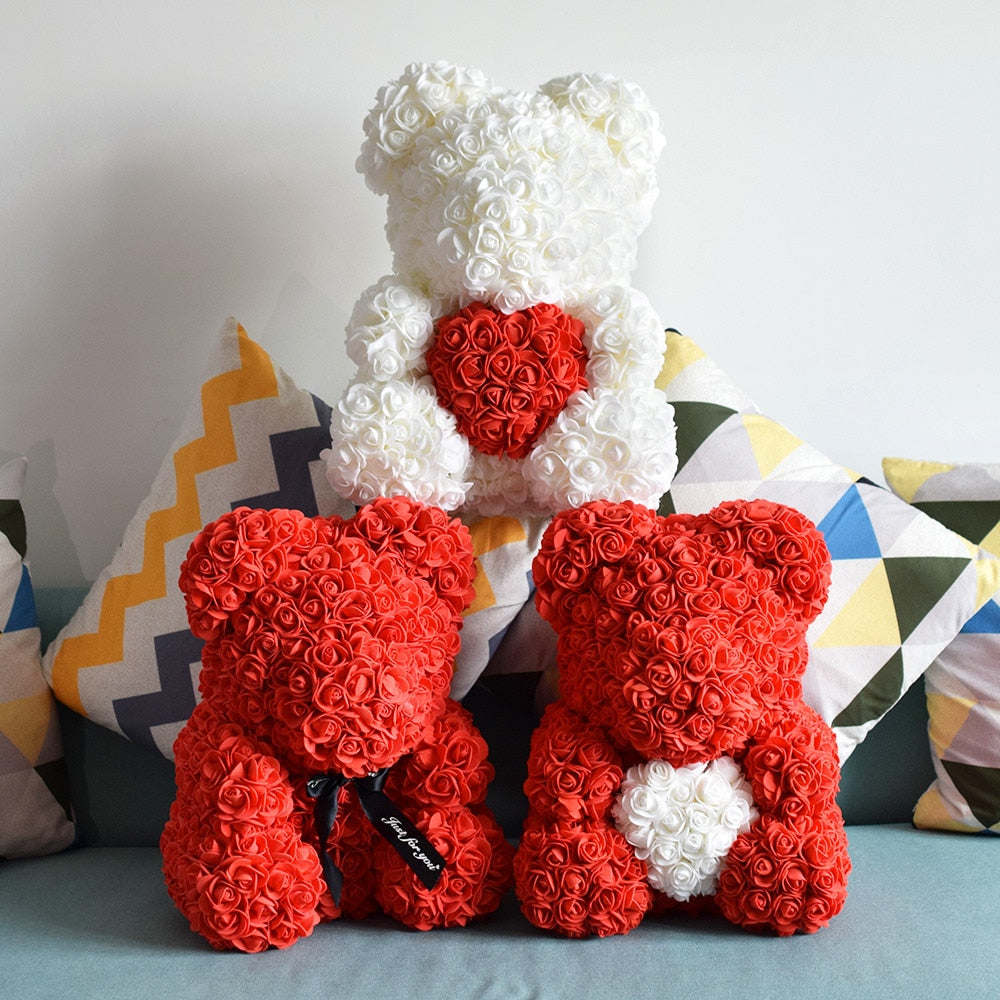 40cm Rose Bear Heart Artificial Flowers Red Rose Bear For Women Valentine&#39;s Wedding Birthday Christmas Gift Home Decoration