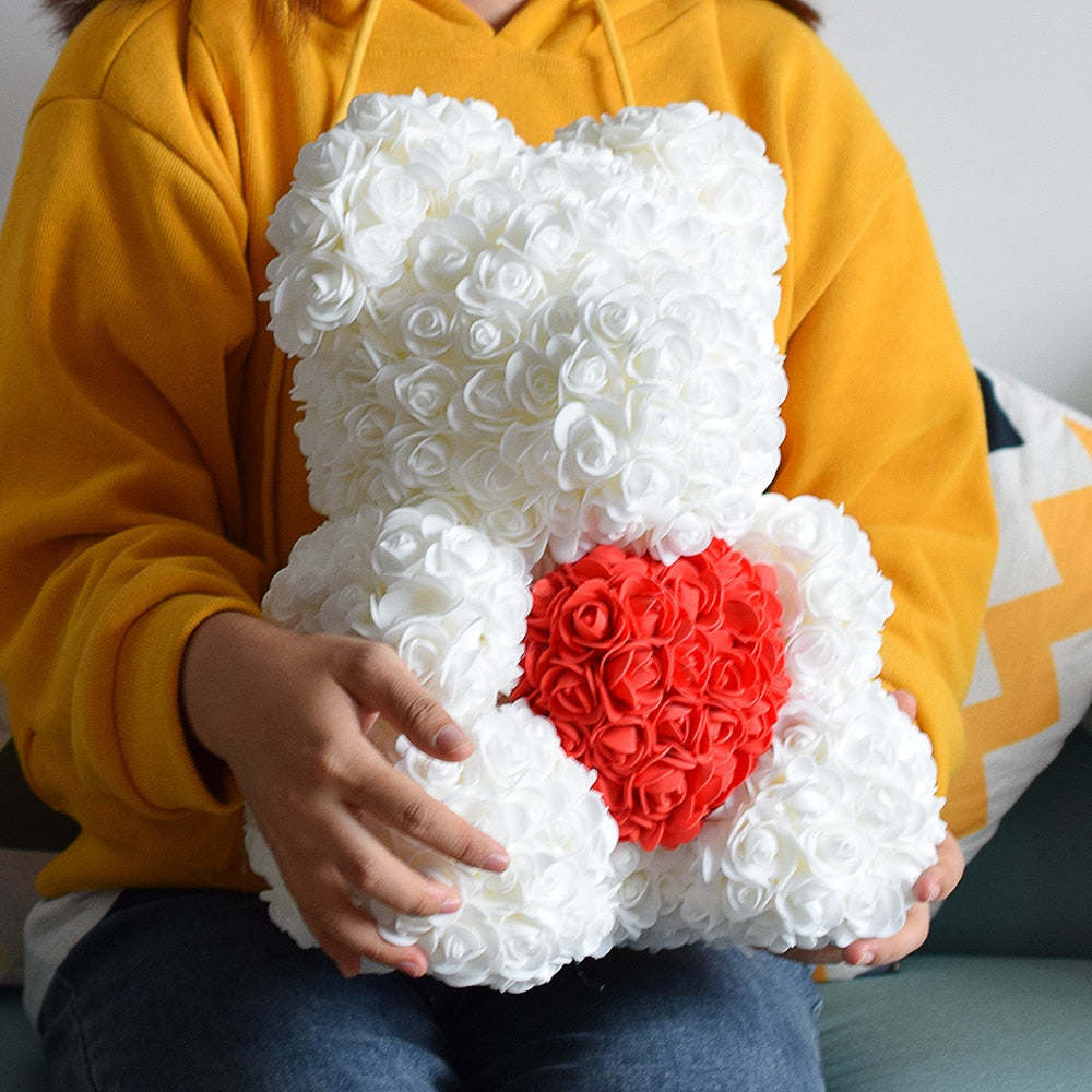 40cm Rose Bear Heart Artificial Flowers Red Rose Bear For Women Valentine&#39;s Wedding Birthday Christmas Gift Home Decoration